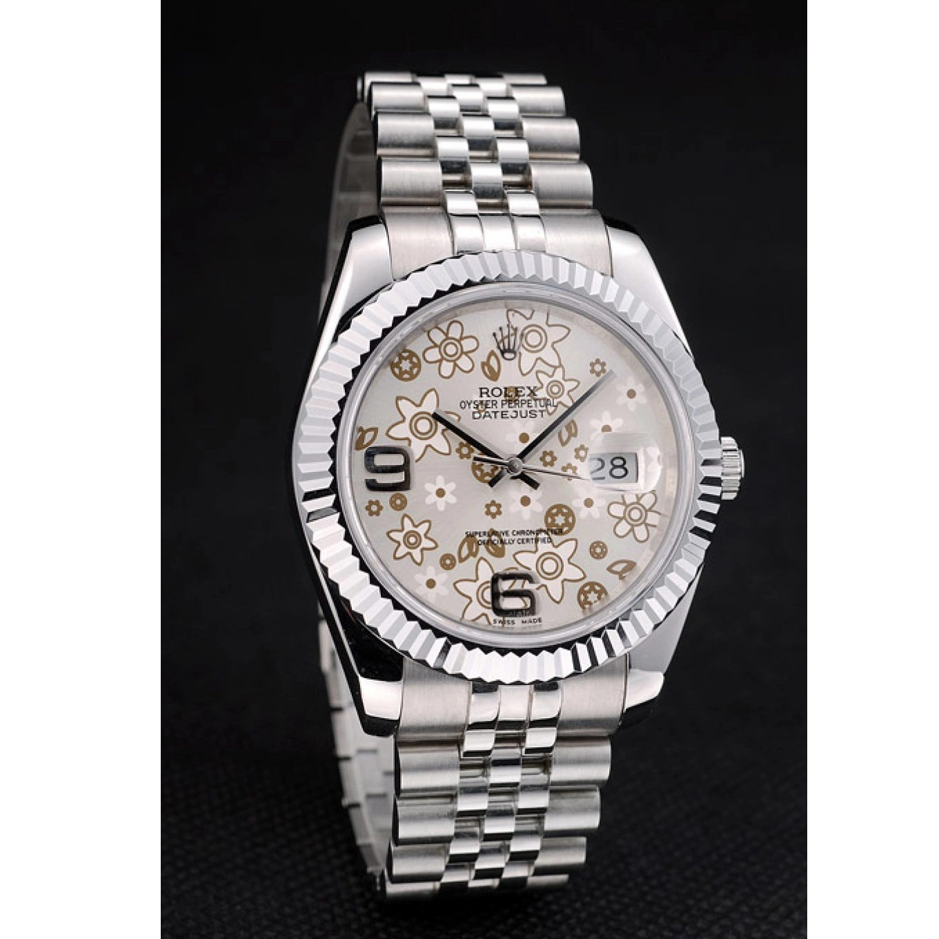 Aaa replica Rolex Dial Silver DateJust Swiss Bezel Steel Ribbed Flower 42001 Stainless 0803